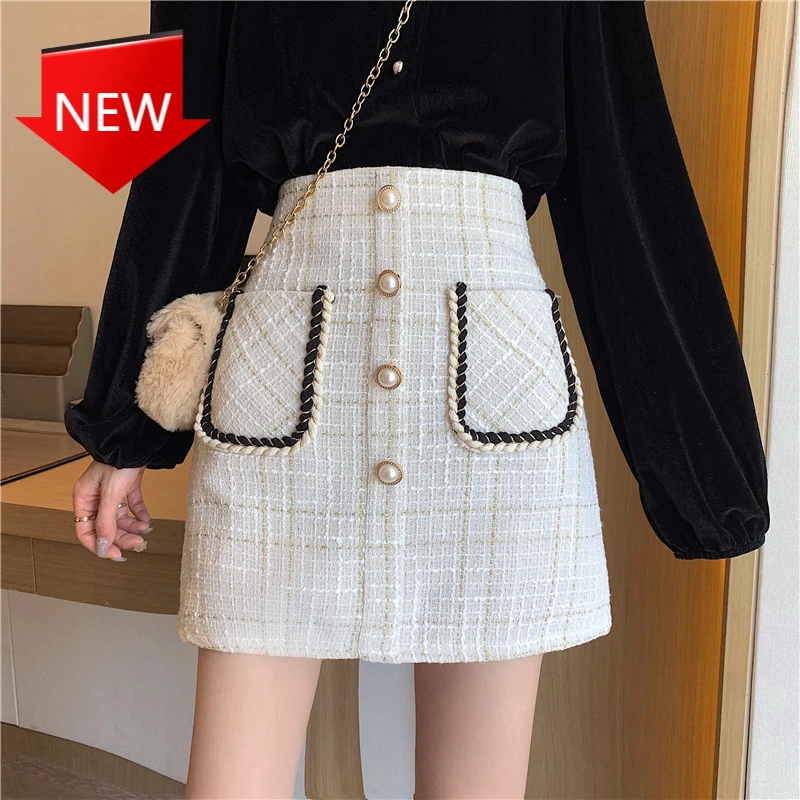 

Skirts High Waist Autumn Tweed Skirt Women Pearls Plaid Wool Pencil Skirts Vintage Korean Pockets Office Lady Mini