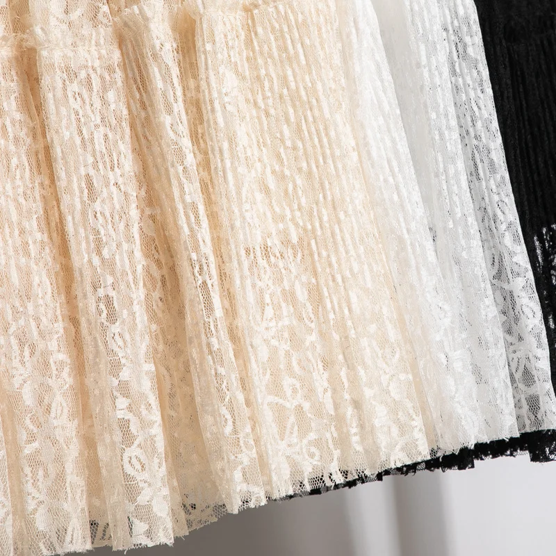 

Spring Summer Lace Skirts Womens White Black High Waist Skirts Womens Faldas Korean Ladies Maxi Long Sexy Pleated Skirt C6197
