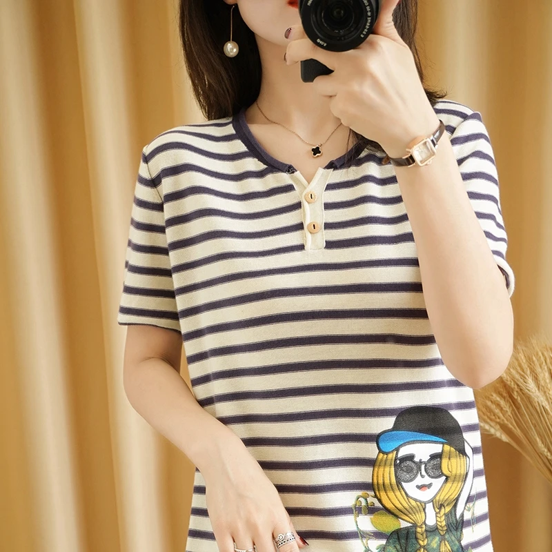 

New women's T-shirt short-sleeved Korean version of Slim Basic Cotton T-shirt Striped Top Women's Spring/Summer T-shirt