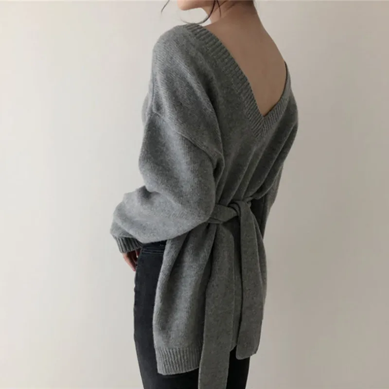 

Autumn Versatile Soft Irregular Wear Women Lace Up Front Back Two Chic Fashion Loose Pullover Lazy V-Neck Sweater