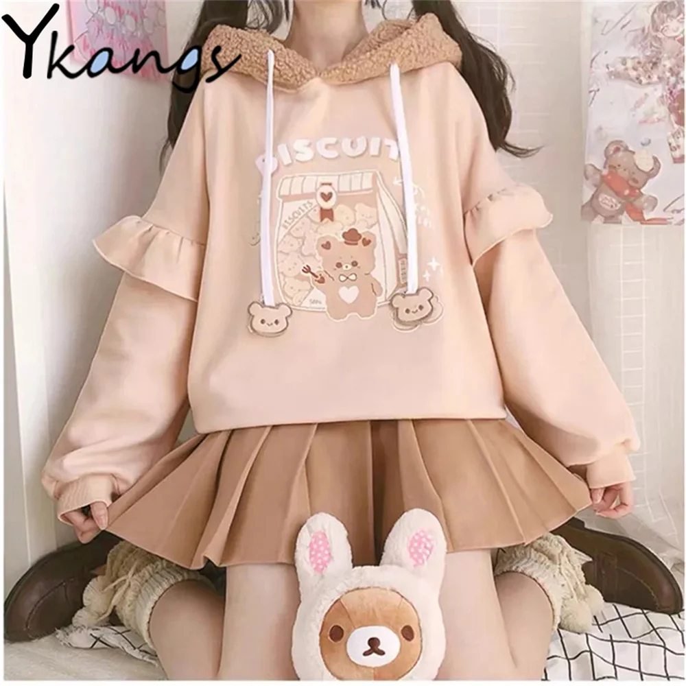 

Новинка, милая Свободная Толстовка в японском стиле преппи с капюшоном, кавайный свитер с капюшоном, осенняя новая милая уличная одежда с об...