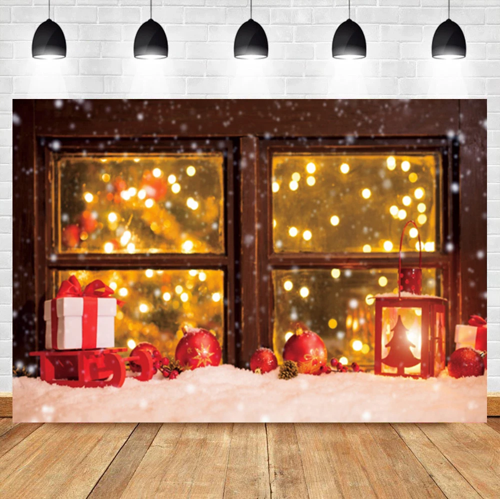 

Laeacco Fake Window Christmas Gift Tree Snow Light Bokeh Baby Birthday Photo Background Photographic Backdrop For Photo Studio