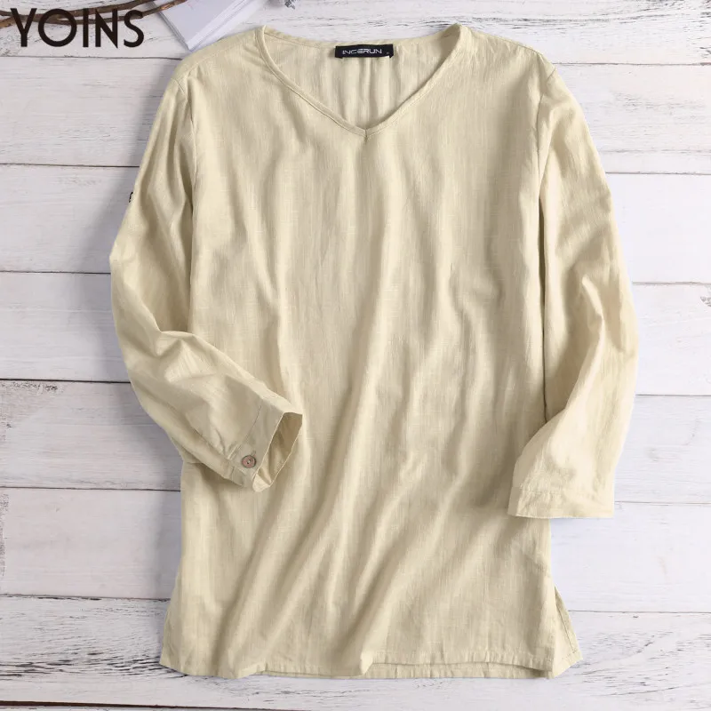 Beige T-shirt YOINS, китайский стиль, футболка, мужская, v-образный вырез, 3/4 рукав, одноцветная, футболка, мужская, Ретро стиль, свободная, хлопок, лён, повседневная, мужская, s, футболка размера плюс - Цвет: Beige T-shirt