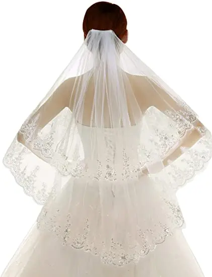 

2 Tier Lace Sequins Edge Fingertip Length Bridal Wedding Veil 2021