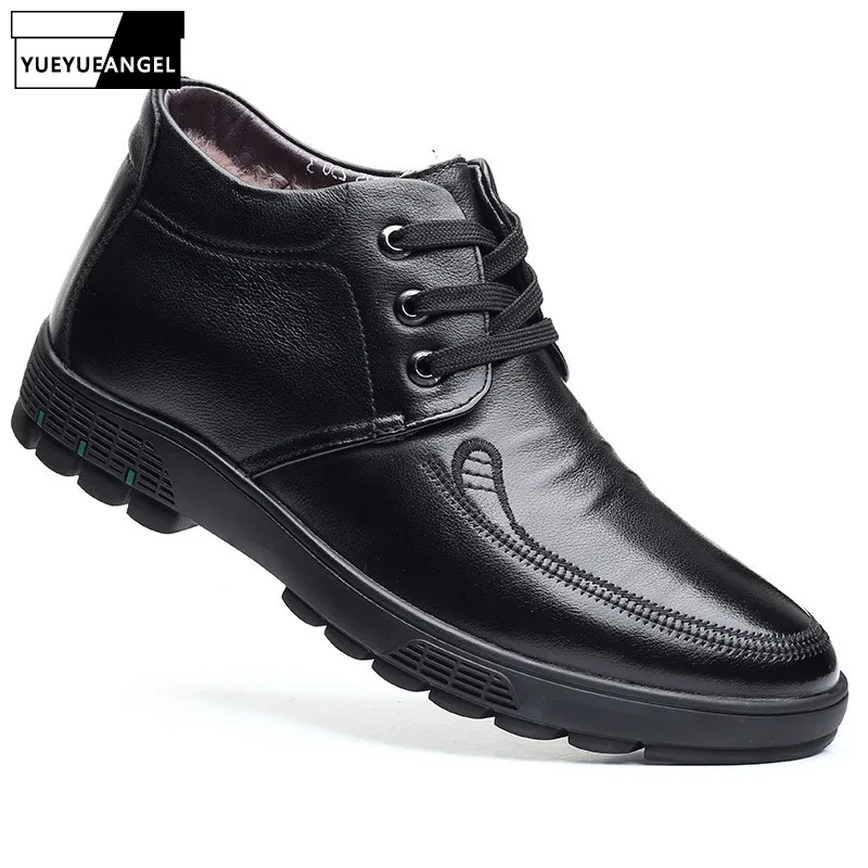 

Winter Real Leather Warm Business Casual Cotton Shoes Men Office Wool High Top Shoes Lace Up Platform Cowhide Ankle Boots Male