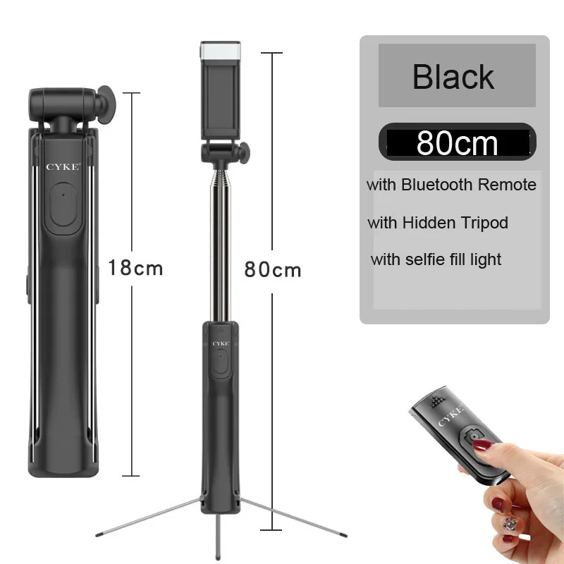 Black 80cm Светодиодный заполняющий свет палка для селфи 3 в 1 выдвижное устройство Bluetooth Скрытая телефона штатив монопод палка для селфи для iPhone смартфона - Цвет: Black 80cm