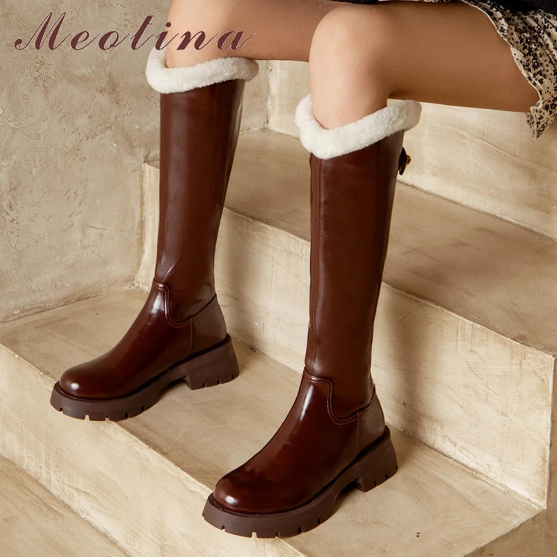 

Женские сапоги в западном стиле Meotina, коричневые сапоги до колена из натуральной кожи, на толстом среднем каблуке, на молнии, Осень-зима, 40