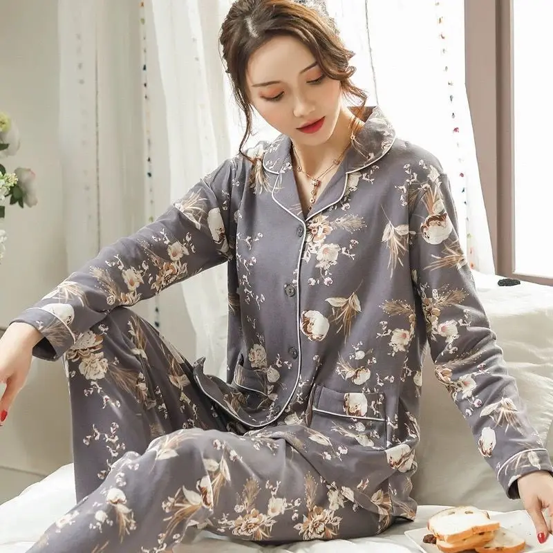 

Women pajamas Set Cotton Sleepwear Flower Print Women Turn-down Collar Female Pyjamas Casual Homewear pijama mujer