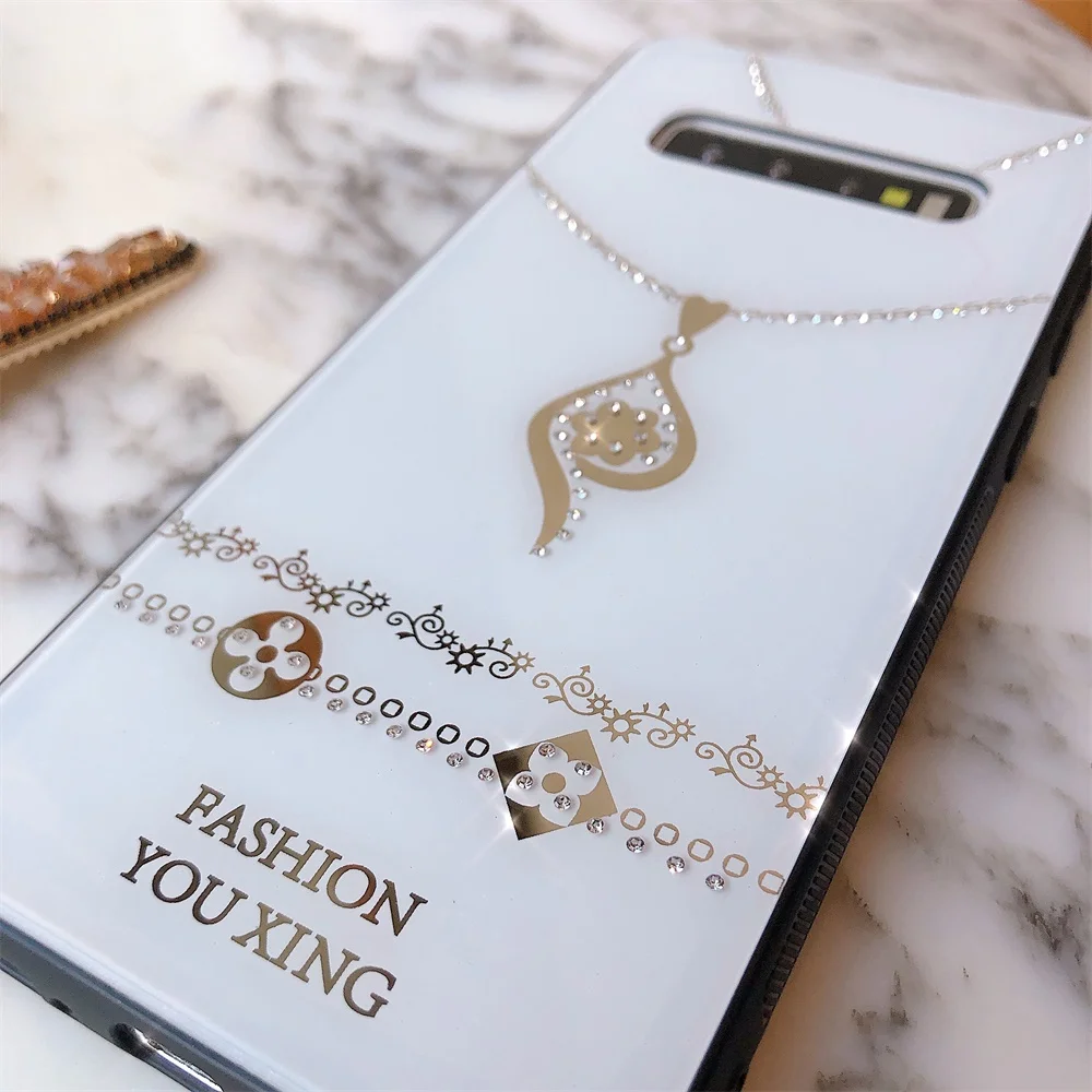

Luxury Glitter Phone Case for Samsung Note 20 Ultra Coque S8 S9 S10 PLUS Note 10 9 8 A51 A71 Funda Necklace Square Back Cover