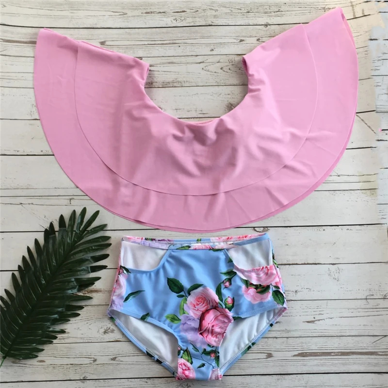 Pink Гофрированный бикини с высокой талией купальник женский купальник пуш-ап бикини женское бикини с принтом купальник Женская пляжная одежда купальный костюм - Цвет: Pink