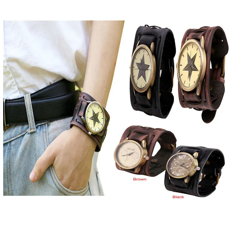 

2021 Best Sell Watch Men Watches New Style Retro Punk Rock Brown Big Wide Leather Bracelet Cuff Cool relogio masculino reloj