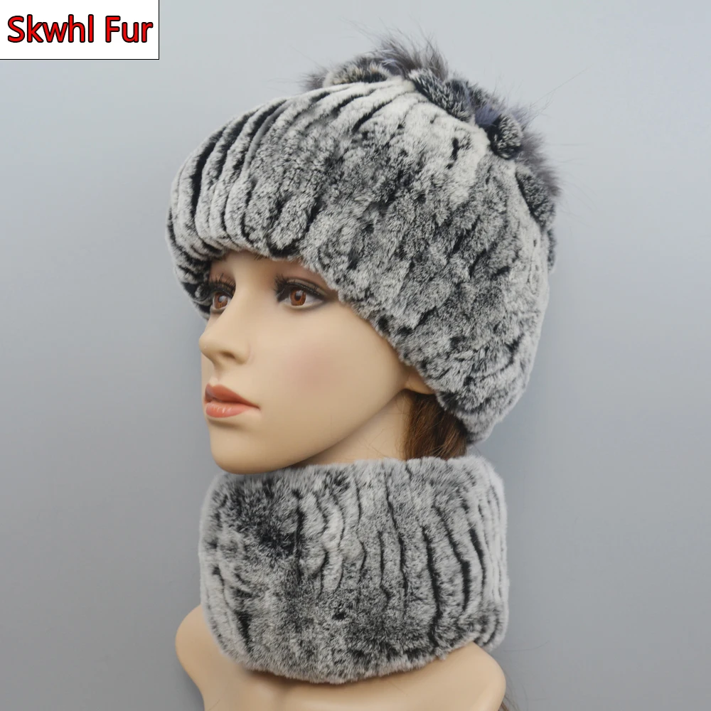

New Style Lady Knit Fur Hats Muffler 2 Pieces Women Warm Rex Rabbit Fur Hat Scarf Sets Winter Natural Rex Rabbit Fur Cap Scarves