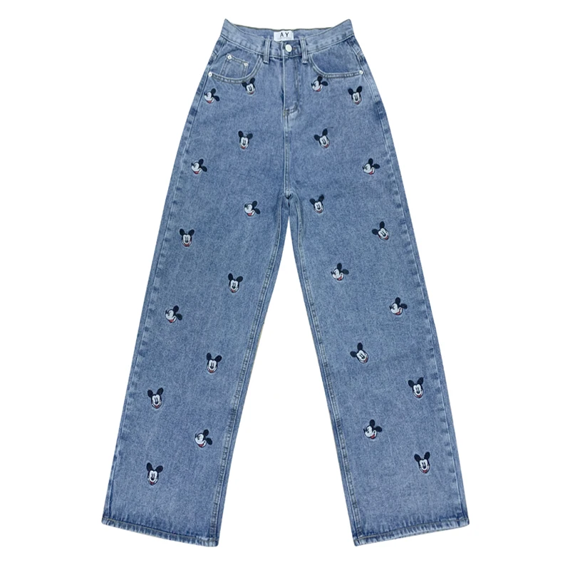 

Women's Denim Wide-Leg Pants2021Spring Autumn New Embroidery Cartoon Pattern Straight Loose High Waist Fashion Mopping Pants KT5