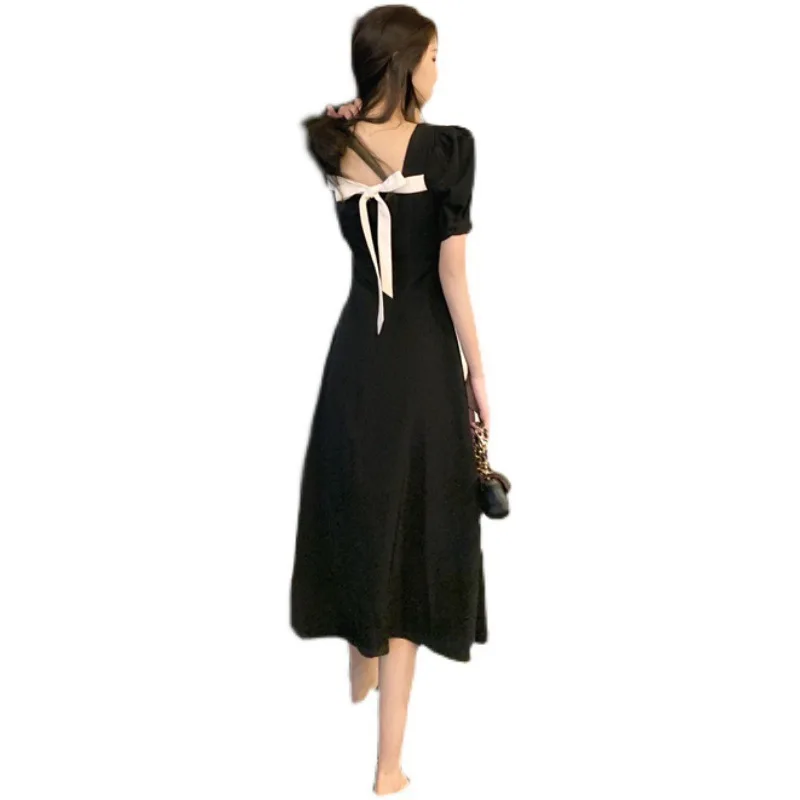 

French retro sweet dress 2021 new summer short sleeve puff sleeve square neck waist slim black long skirt