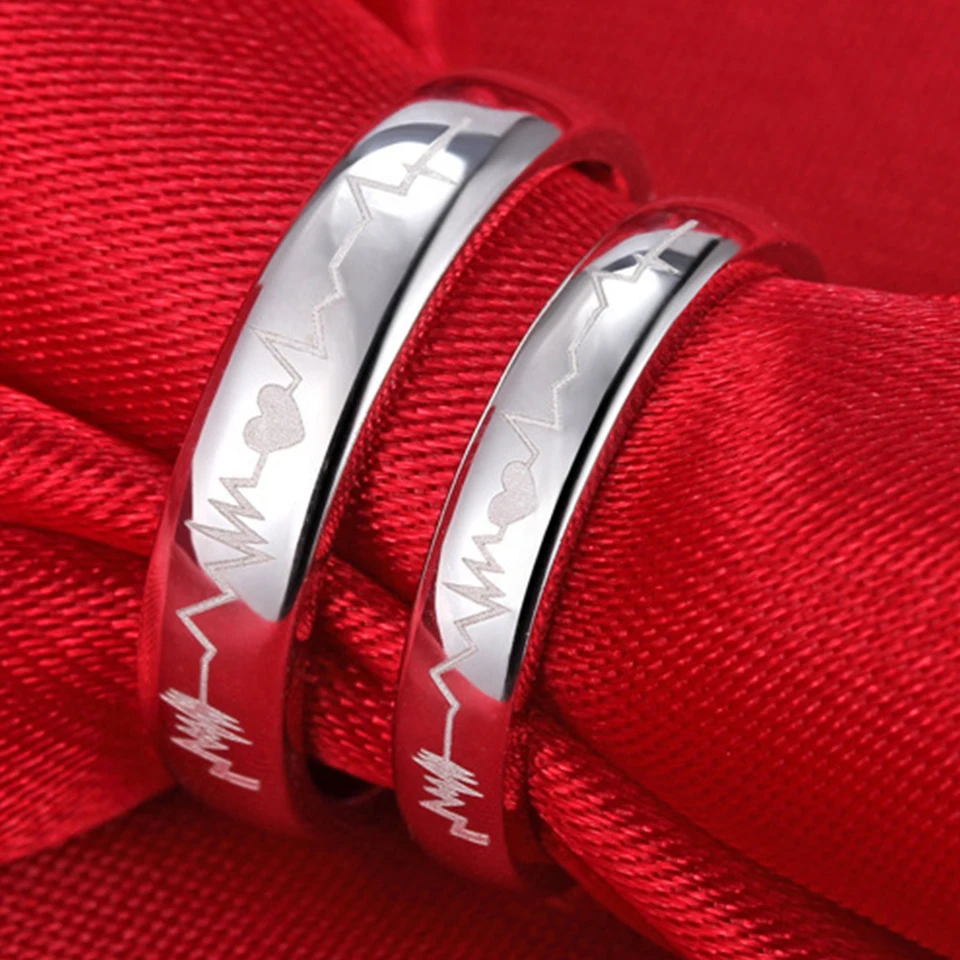 ECG Сердце Пара Кольца для влюбленных женщин мужчин серебряный цвет Открытый