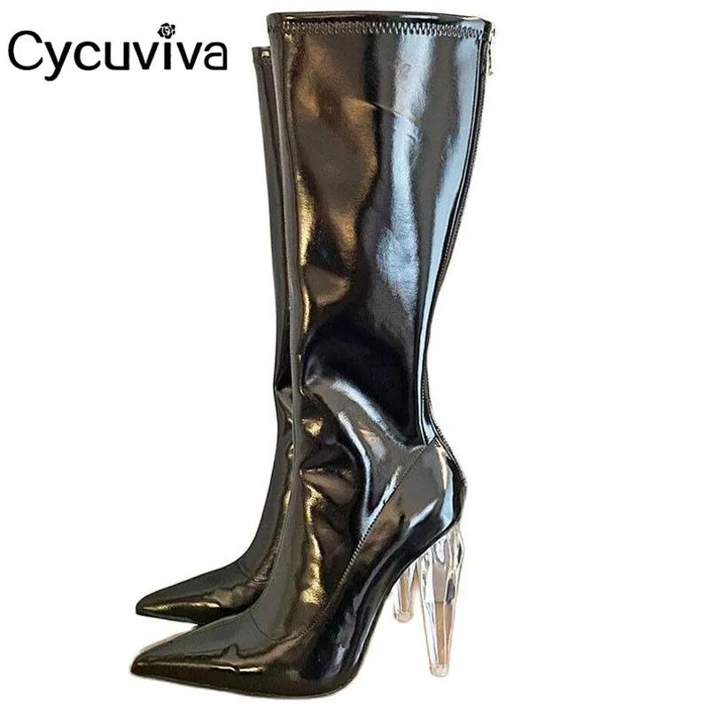 

Modern Clear Spike Heel Knee High Boots Women Black Patent Leather Long Boots High Heel T-Show Shoes Women Sexy Botas Mujer 2021