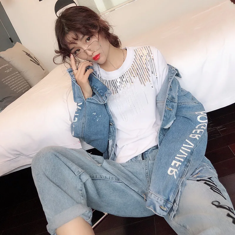 

Women's short-sleeved t-shirt women 2020 new wild heavy industry loose personality beaded sequins ins top women