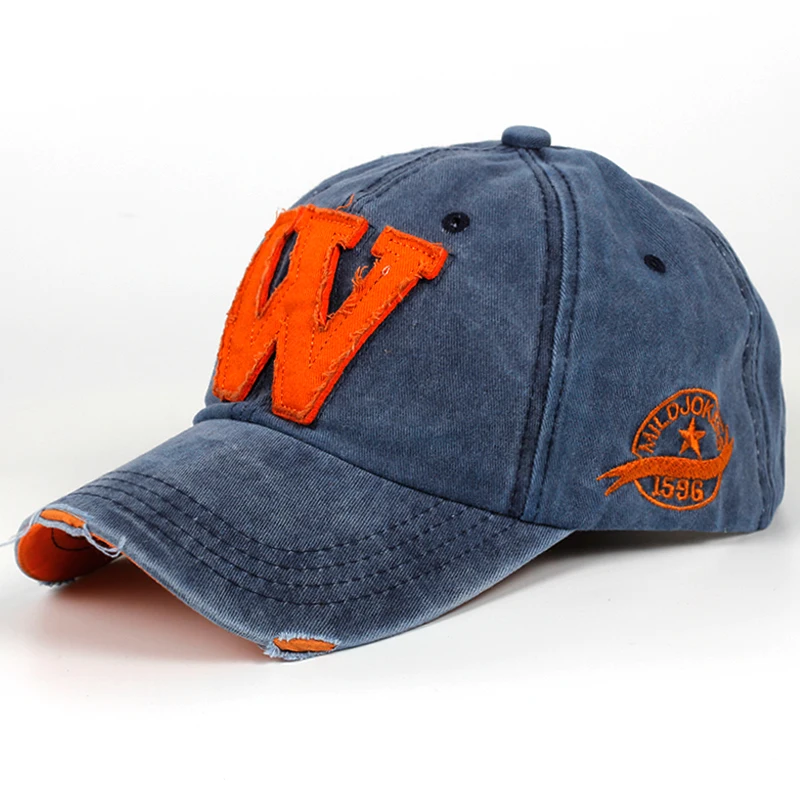 new cotton letter W Baseball Cap retro outdoor sports caps women bone gorras curved fitted washed vintage dad hats for men - Цвет: Тёмно-синий