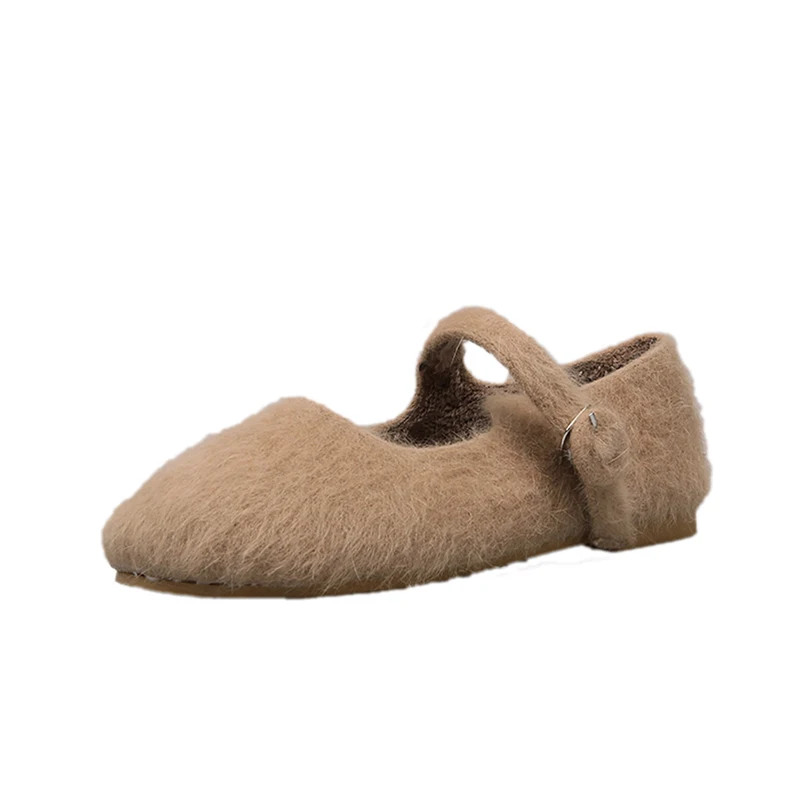 

2020 Korean version of the new wild plush shallow mouth Mary Jane buckle with flat comfortable fur shoes women