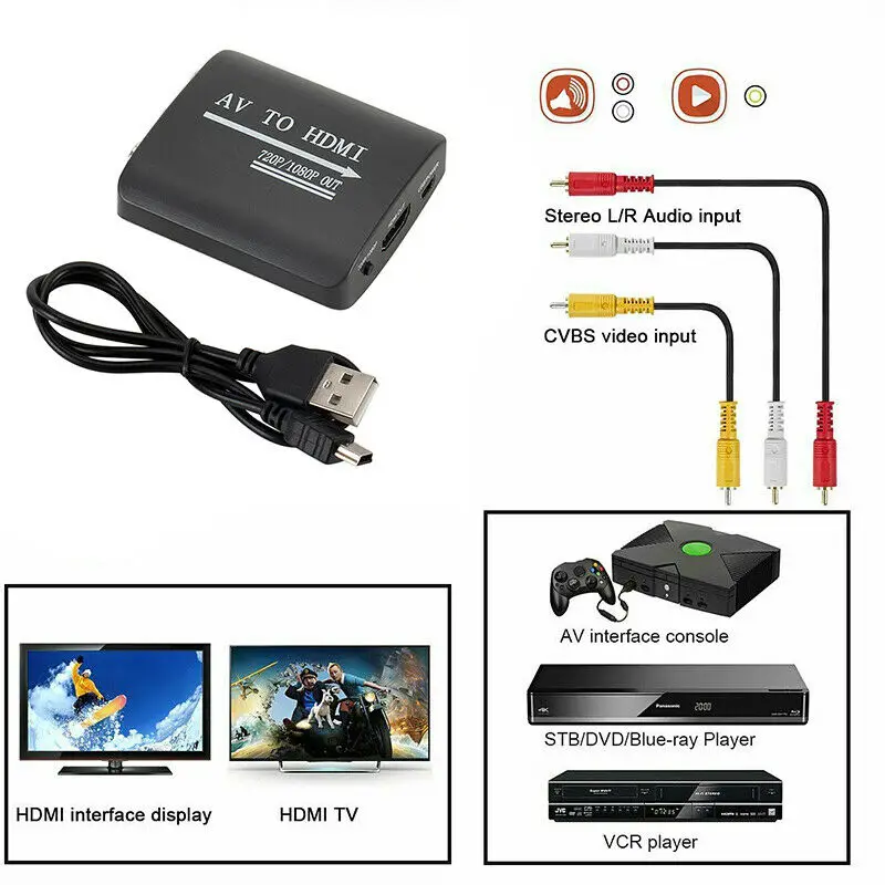 

Мини Композитный CVBS AV видео аудио преобразователь с USB-кабелем RCA к HDMI 1080P 720P