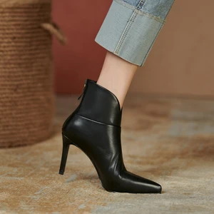 Zipper Shoes On Heel Cow Leather Ladies Modern Women's Ankle Boots Sexy High Stiletto Heel  Pointed Toe botas Woman Boots