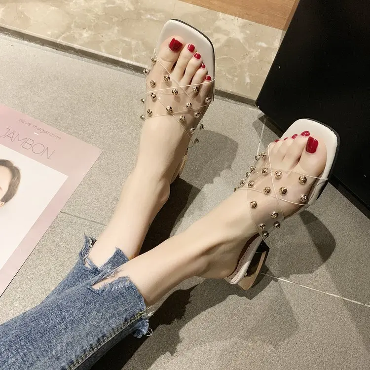 Женская летняя обувь Комнатные тапочки Сандалии на толстом каблуке с квадратным