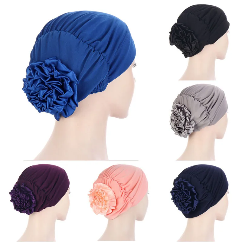 

2021 Woman Big Flower Turban Elastic Hair Bands Hat Chemo Beanie Ladies Muslim Solid Hair Loss Scarf Cap Girls Hair Accessories