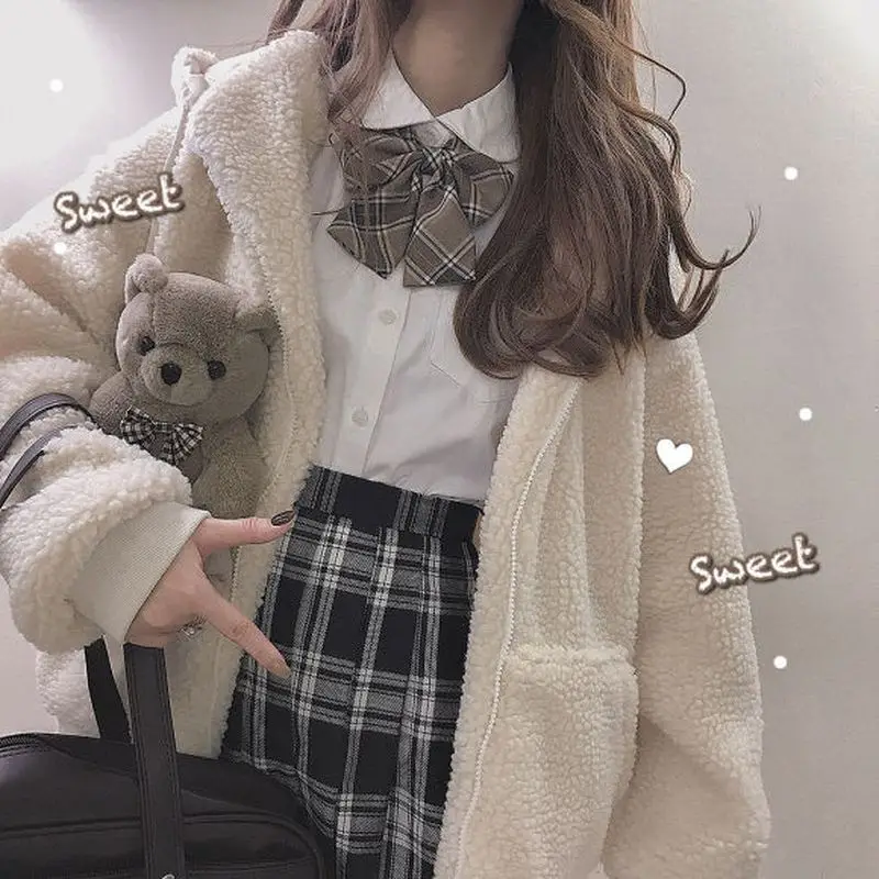 

Японская милая куртка, Женское пальто, бархатный толстый кардиган с капюшоном в стиле преппи на осень и зиму, пушистые толстовки с капюшоном