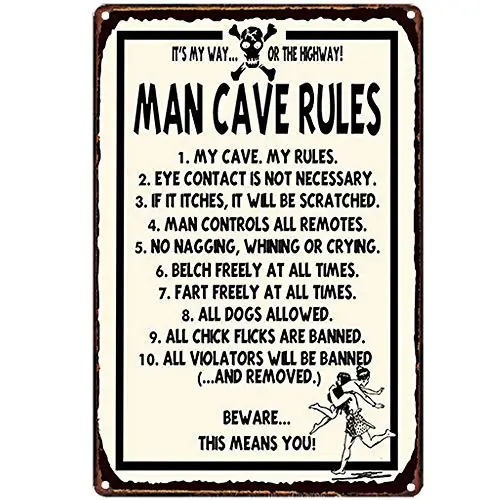 

Original Retro Design Man Cave Rules Tin Metal Signs Wall Art | Thick Tinplate Print Poster Wall Decoration for Garage/Man Cave