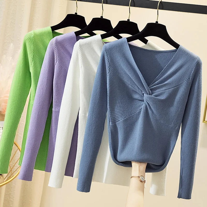 Winter Spring Sexy Cross V-Neck Knit Top Sweaters Women 2021 Pullover Bottoming Slim Female Jumper Casual Solid Bodycom Knit Top