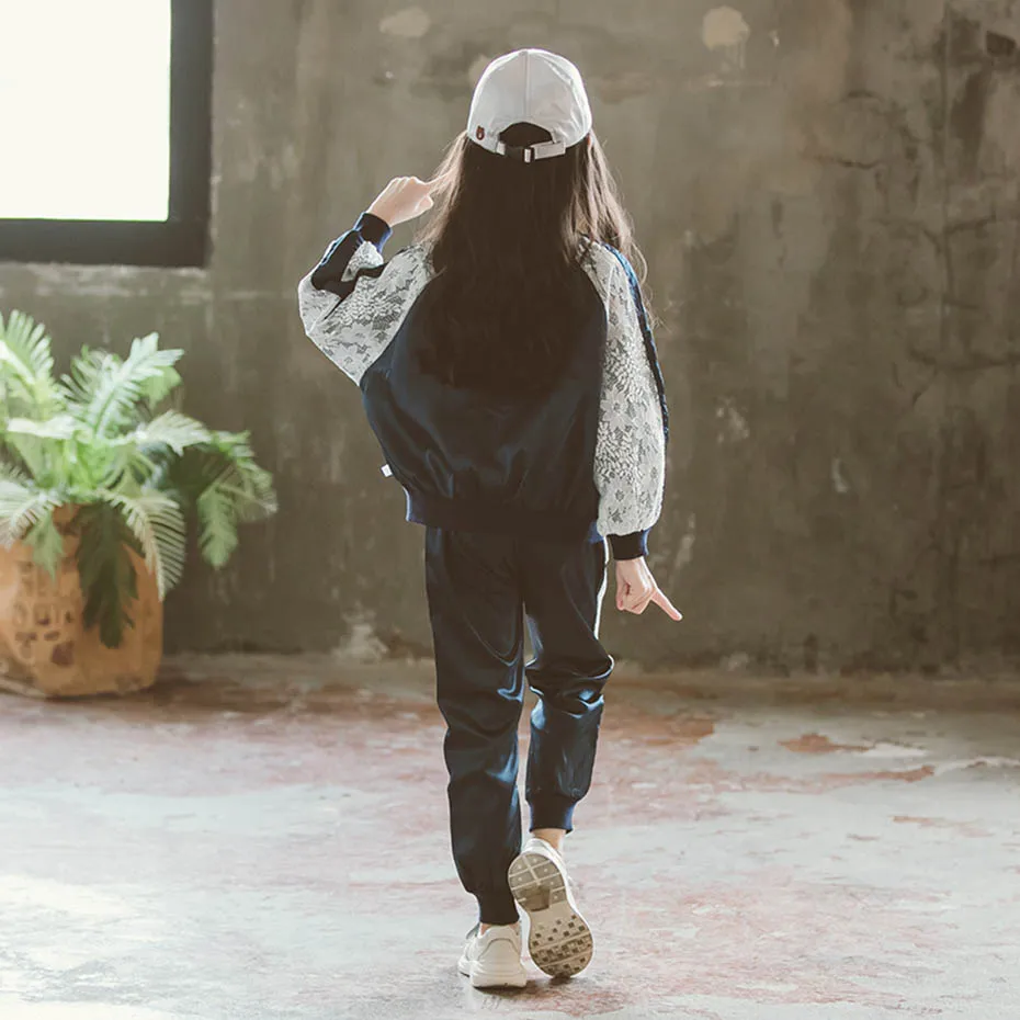 Спортивная одежда для девочек кружевная в полоску куртка + штаны детская