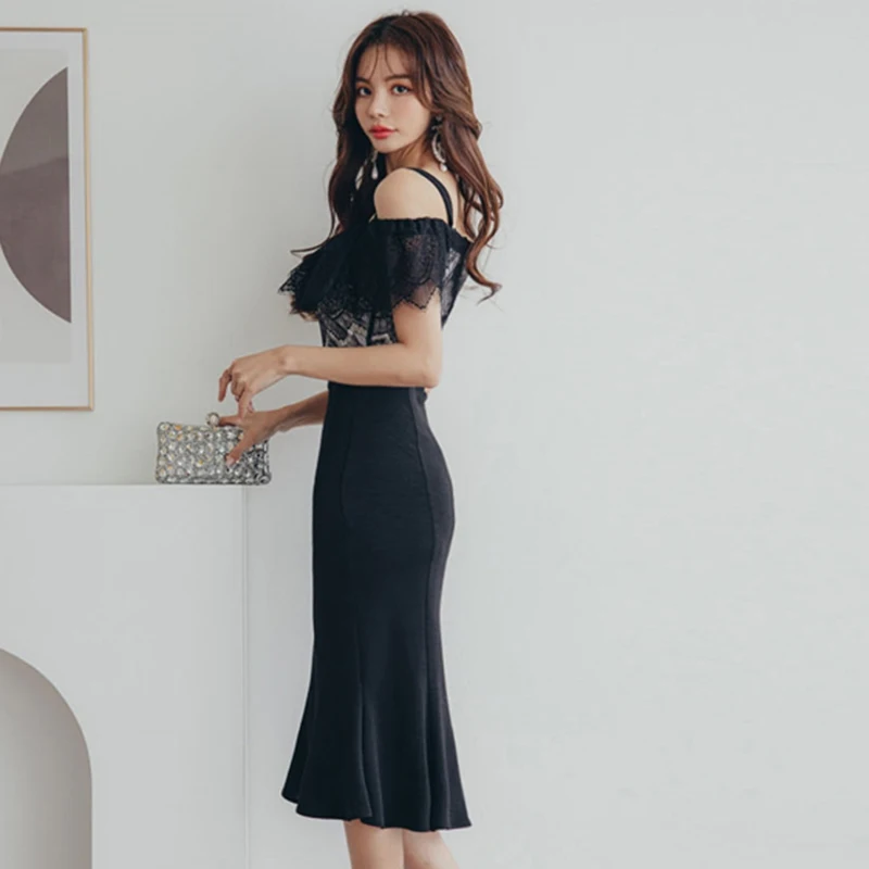 

Slash Neck Lace Patchwork Mermaid Dress Women Black Party Dress High Waist Korean Long Dress Plus Size Hollow Out Sexy C011