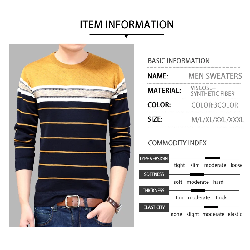 2020 осенний повседневный мужской свитер с круглым вырезом в полоску облегающий