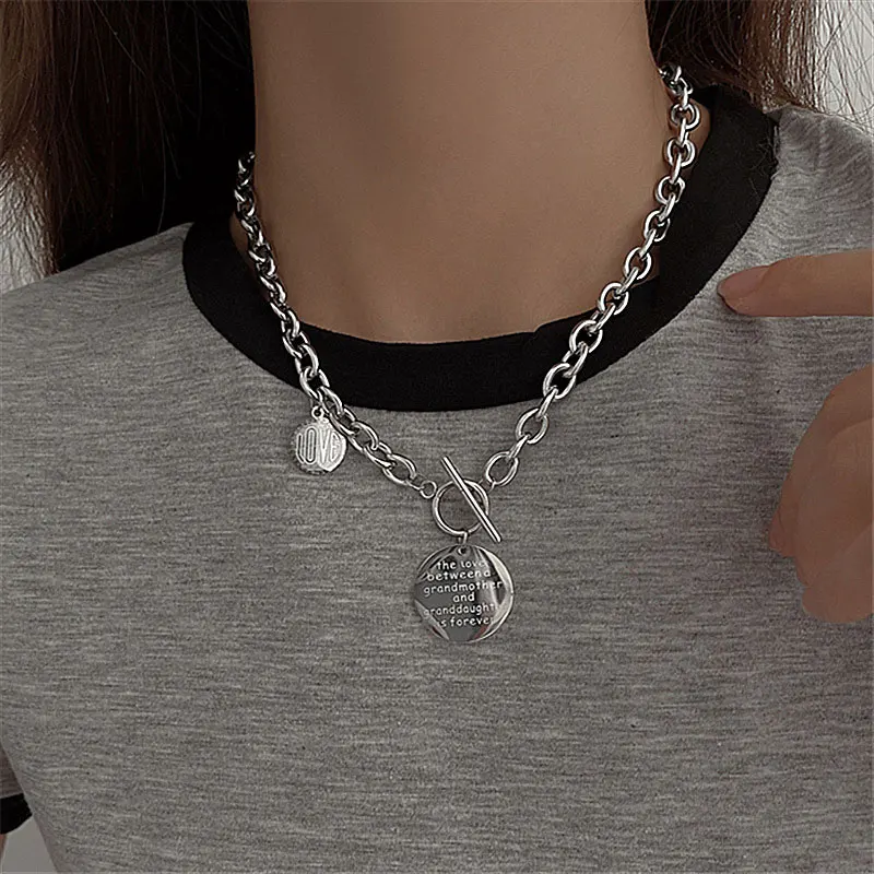 

xiaoboACC Punk Choker Chain for Women Hip Hop Letter Round Tag Titanium Steel Necklace Jewelry 2021 New