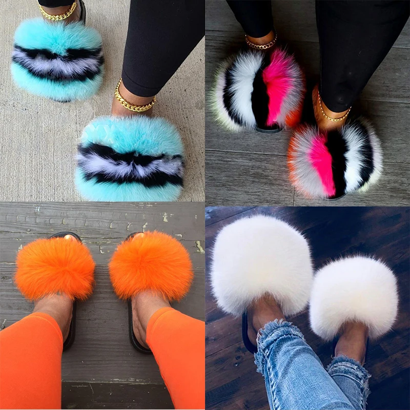 Fur Slippers Female Summer Ladies Flip-Flops Cute Fluffy Plush Home Sandals Wear-Resistant Outdoor Flat-Bottomed Fox Fur Slipper