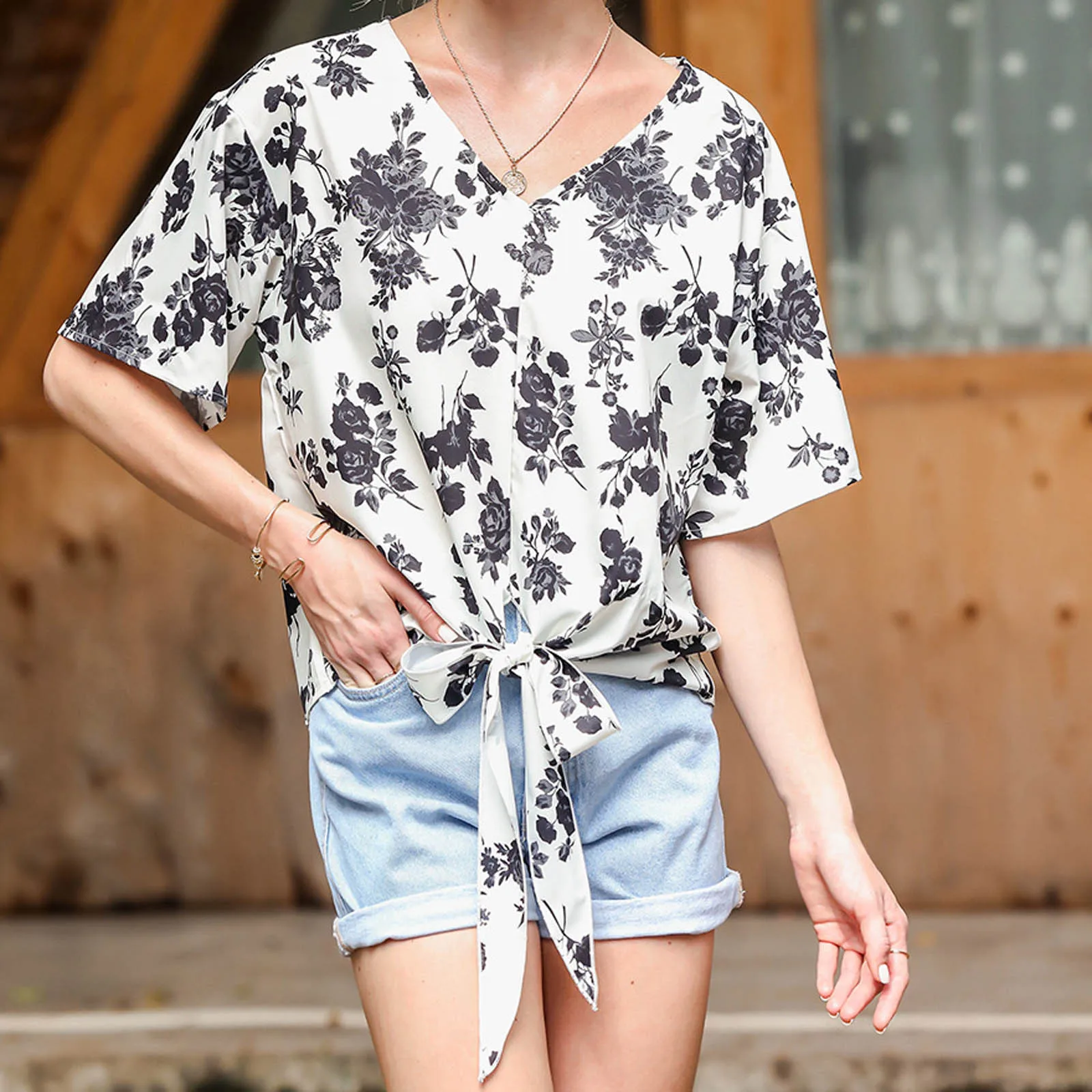 

Fashion Women Sexy V Neck Shirts Summer Casual Loose Boho Print Beach Tops Office Work Short Sleeve Blouse Tie a Knot Top Blouse