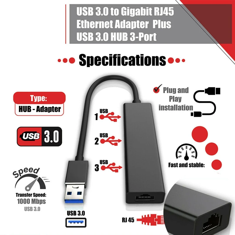 

USB 3.0 Gigabit Ethernet Lan RJ45 1000Mbps Network Adapter 3 Port Hub for Mac PC
