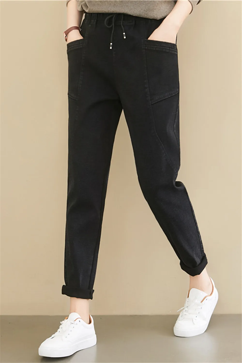 

WomenFashionKoreanStyleSolidColorElasticDrawstringHighWaistPencilLegPantsFemaleCasualSlimFitWildHaremTrousers