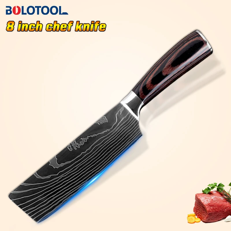 Кухонный нож дамасский шеф-повара Nakiri Cleaver с лазерным узором 7 дюймов для