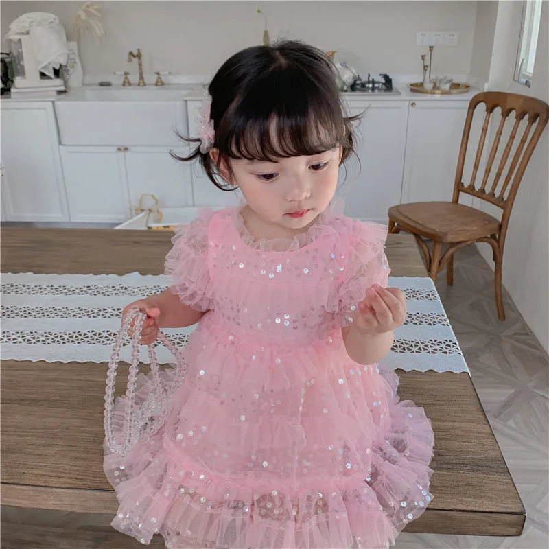 Girls Dresses 2020 Summer New Sequined Mesh Splicing Princess Girl Baby Korean Version of The Cake Dress Style | Детская одежда и