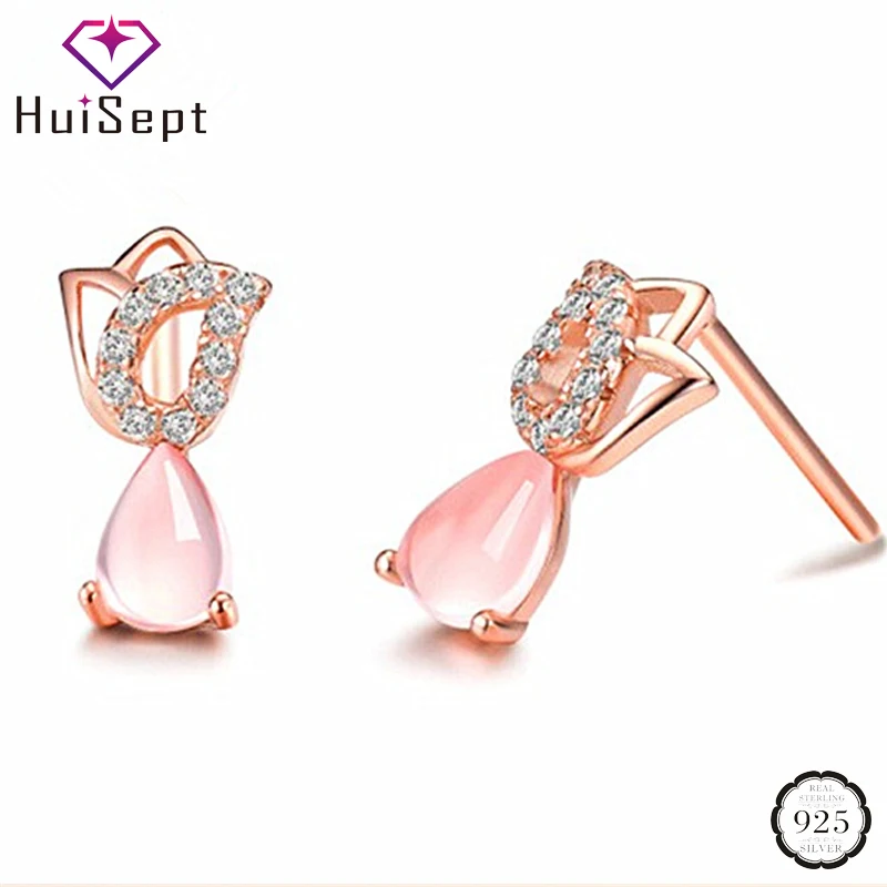 

HuiSept Trendy Silver Earrings 925 Jewelry Pink Rose Quartz Zircon Stud Earrings for Women Wedding Party Gift Ornament Wholesale