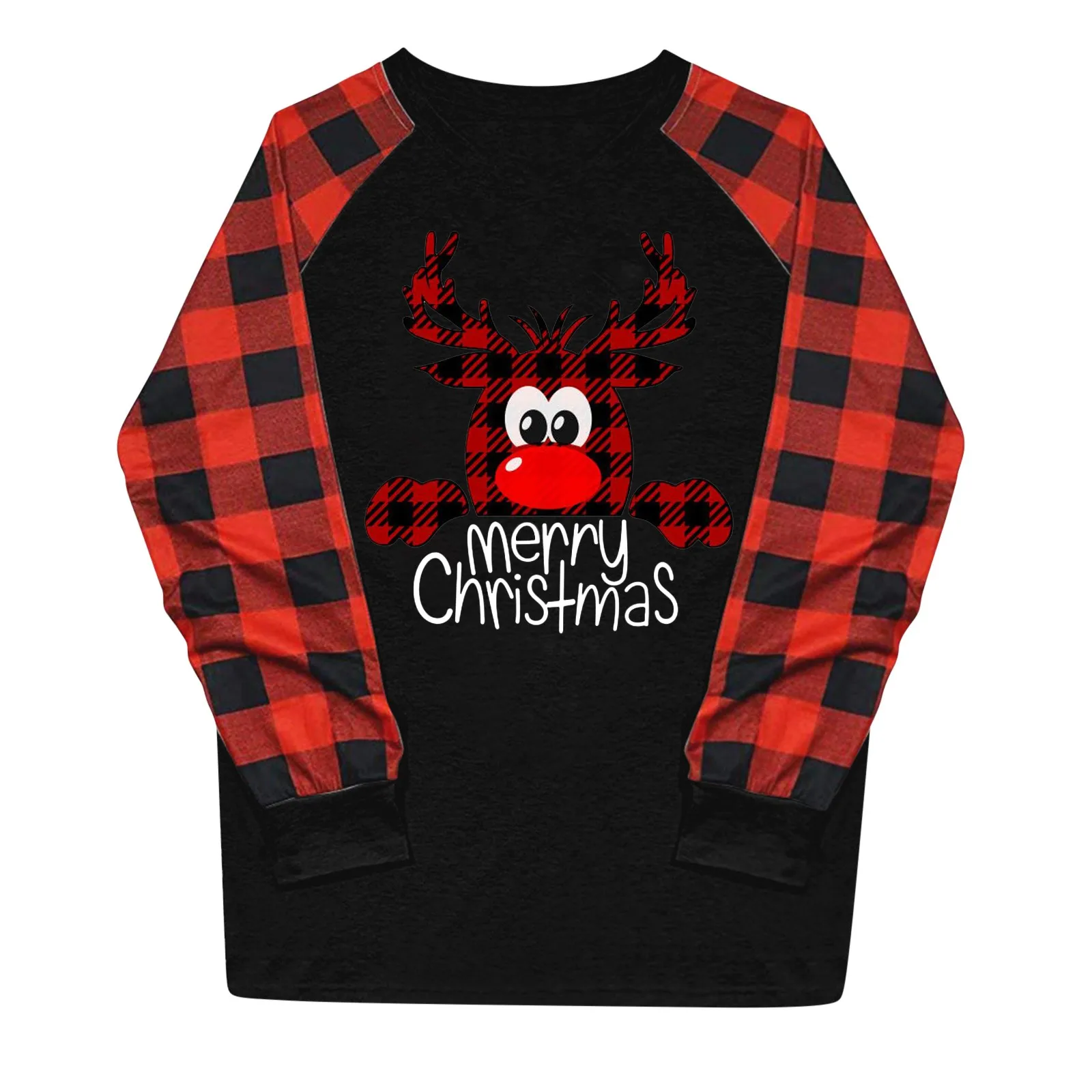 

Crewneck Sweatshirts For Teen Girls Christmas Cartoon Elk Print Plaid Stitching Sleeves Casual Loose Pullover Tops Sudadera A20