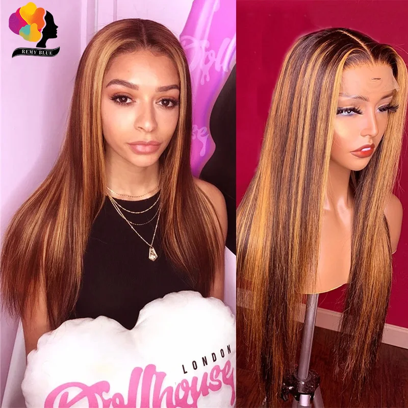 

Remyblue Highlight Wig Human Hair Brown Colored 13X1 Peruvian Straight Lace Front Wig Highlight Lace Front Human Hair Wigs P4/30