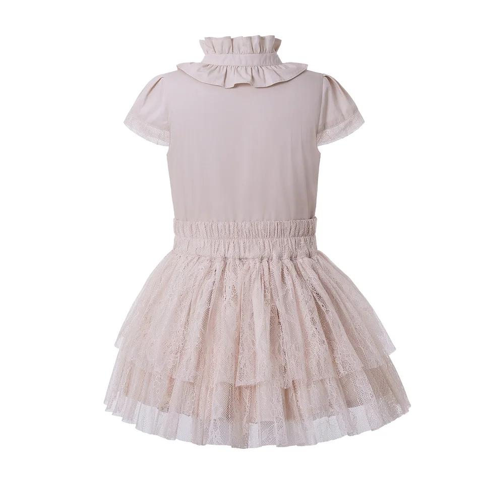Платья с воротником оборкой летний кружевной комплект одежды для девочек бантом