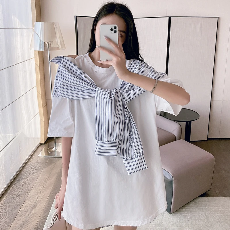 

2021 Summer New Fake Two-Piece Striped Stitching White Shirt Mini Dress Women's Loose Casual Mid-Length T-shirt Student Clothes