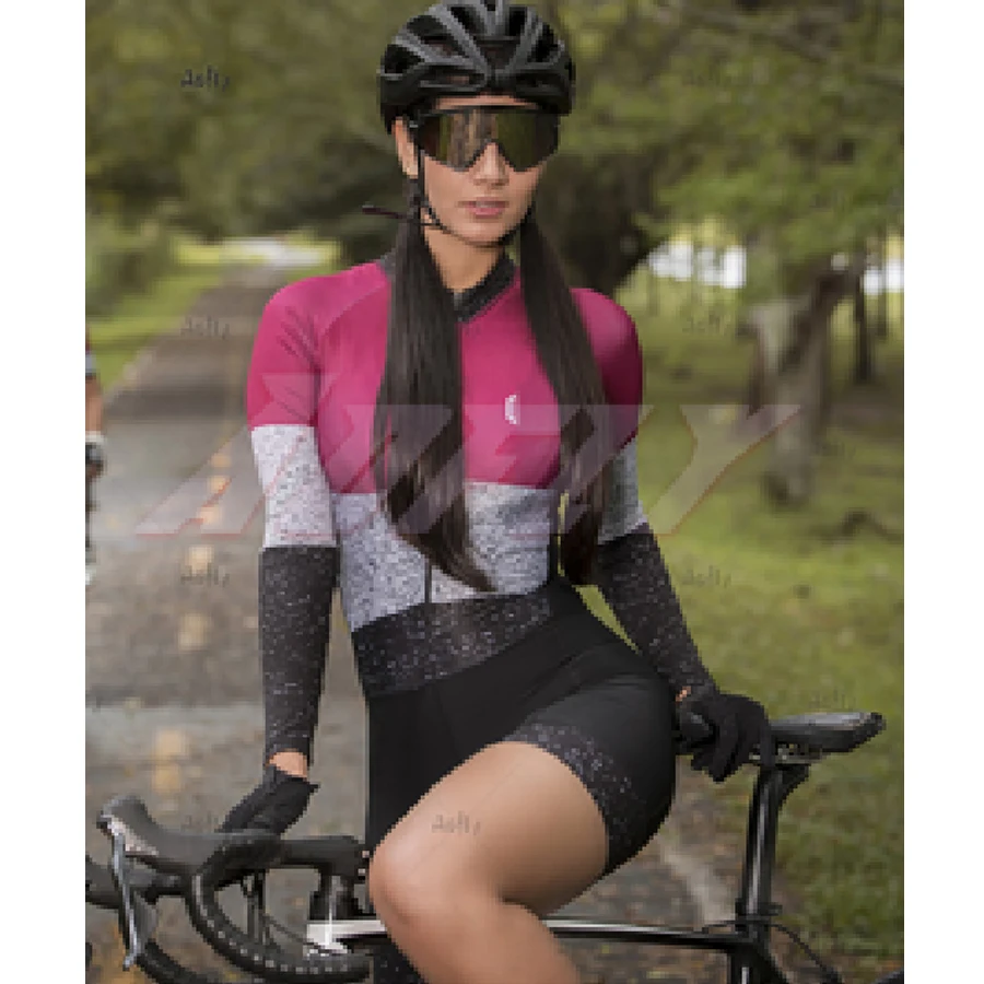 

Kafitt Women's Long Sleeved Skinsuit Triathlon Sets Sexy Clothes Cycling Jersey Macacao Ciclismo Feminino Jumpsuit Thin Pink Pad