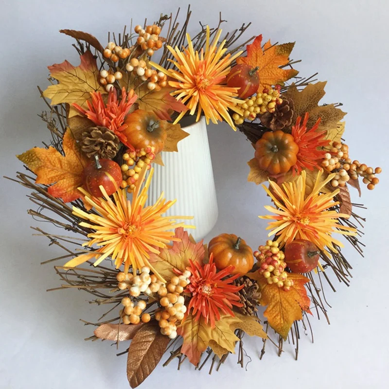 

HGHO Fall Wreath18 Inch Chrysanthemum Pumpkin Wreath for Front Door Outside perfect for Autumn Halloween