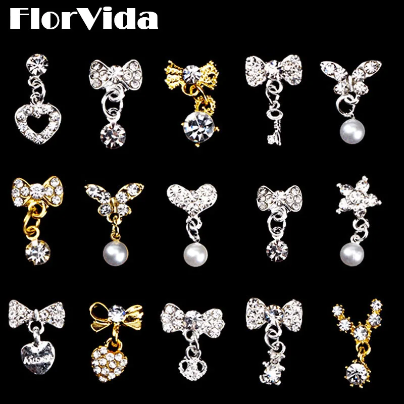

FlorVida 17 Colors Set Crystal Rhinestones With Alloy 3D Decorations For Nails Art Pearl Strass Gems Kit Metal Bow-knot Manicure