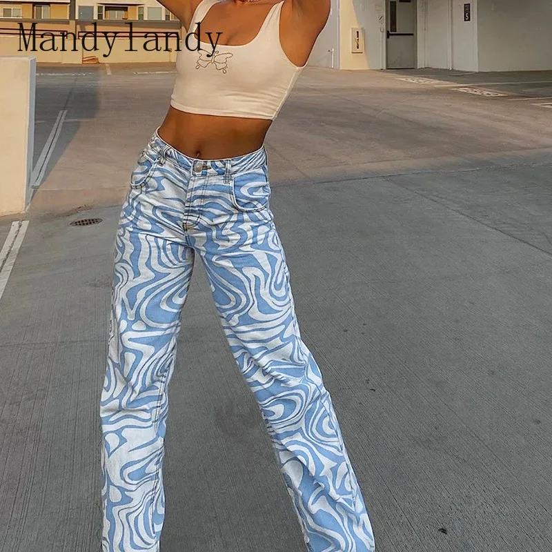 

Mandylandy Women Pattern High Waist Jeans Baggy Wide Leg Denim Pant Mom Boyfriend Capris Pants Lady Streetwear Straight Trousers