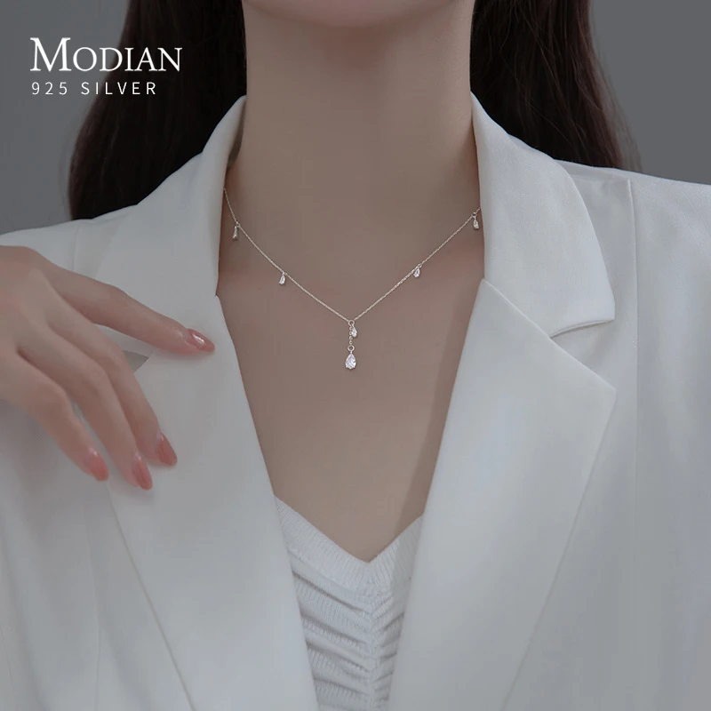 

MODIAN 925 Sterling Silver Twinkling CZ Water Drop Necklace Chain for Women Gold Color Link Wedding Statement Fine Jewelry Gifts